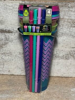 Set 4 Pack Tal Color Changing Reusable ZIG ZAG Tumblers, Straws & Lids 24oz New